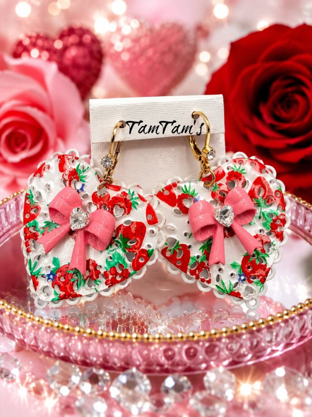 Betsey Johnson Baby Cakes Lucite Strawberry Heart & Bow Earrings - Picture 1 of 3
